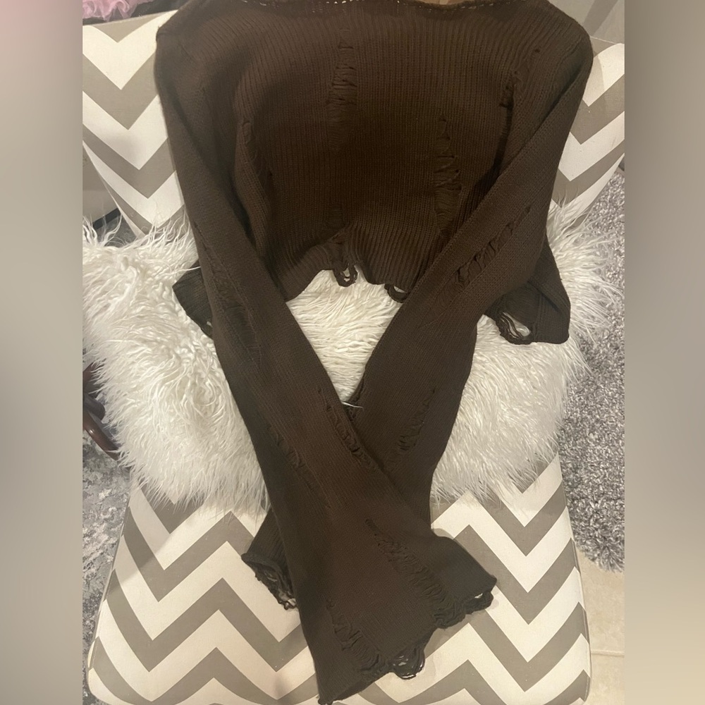 Dollskill WIDOW brown goth distressed LONG bell sleeves top shirt sweater-S